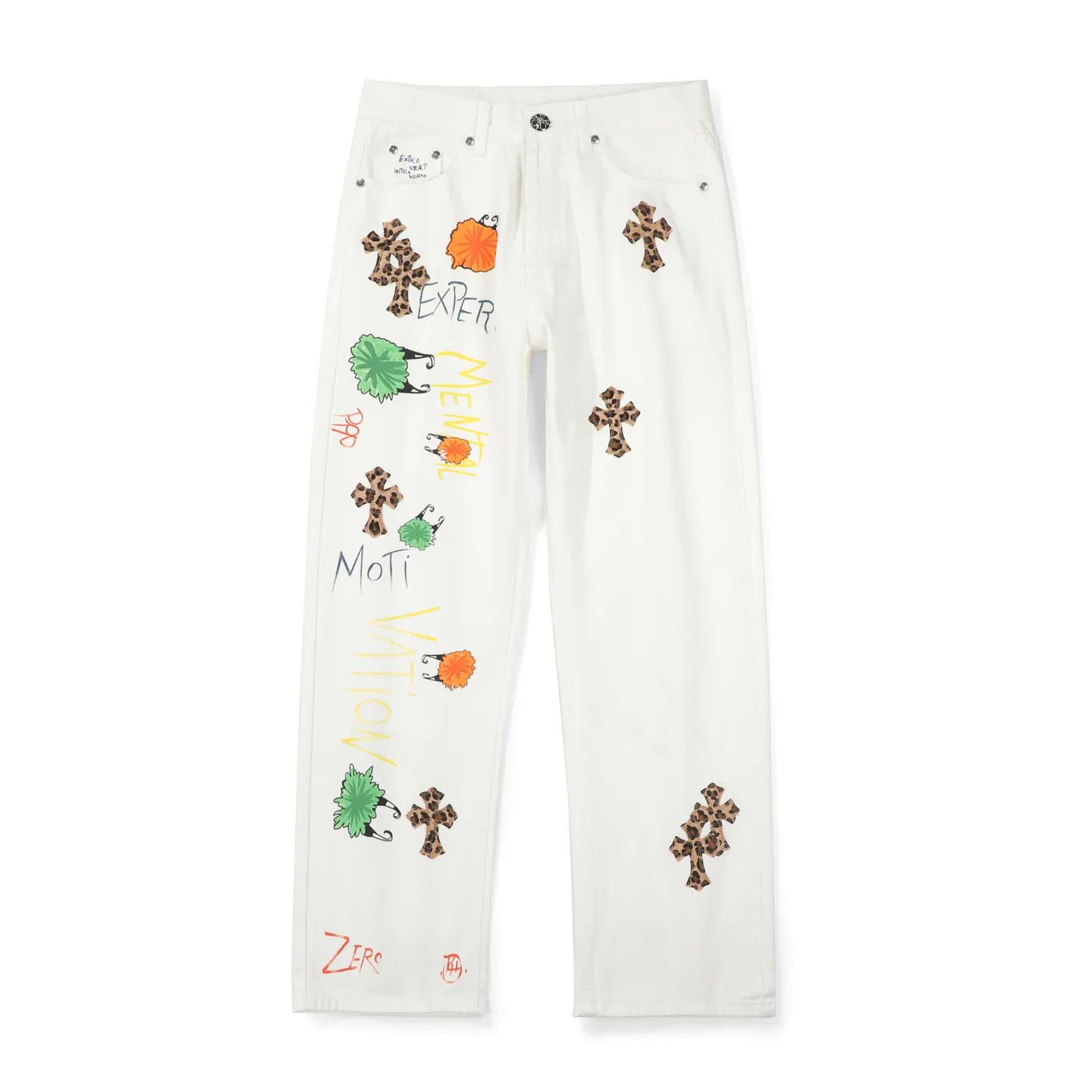 P250 Chrome Hearts｜CH Chrome Hearts 25SS high street jeans with leopard print and vintage graffiti paintings. Chrome Hearts are the most popular pants in color. Made of beaded canvas fabric, heavy washing makes the upper body of the fabric more textured and the pants are tall and straight! The three-dimensional cutting of the whole trousers is a masterpiece! The hardware is customized by zp. The beaded canvas fabric is thick and soft after being washed. It has good breathability. Customized small leather label. Unique design. The details are simple and elegant, and the workmanship is exquisite. The whole trousers are neatly routed and the details are in place! It’s so cool that both men and women can easily control the genderless trend! Color: White Size: 28 30 32 34